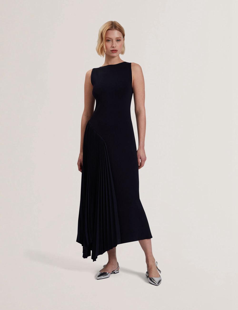 Women Ted Baker AZZINA - Pleated Panel Sleeveless Knitted Midi Dresses Navy | KSA  6547-LCZNU