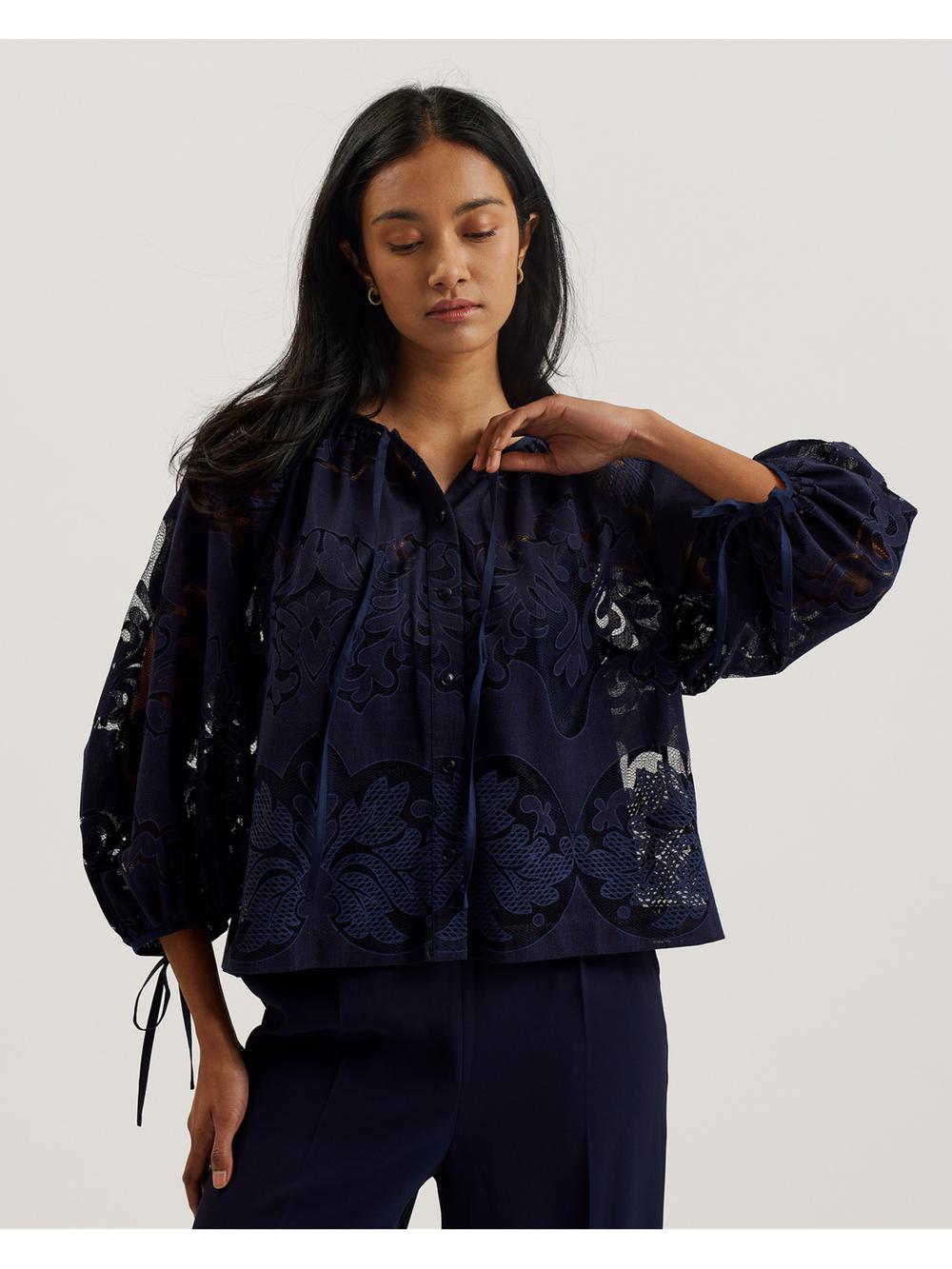 Women Ted Baker BACINA - Lace 3/4 Balloon Sleeve Blouses Dk-Blue | KSA  2568-EDOAB