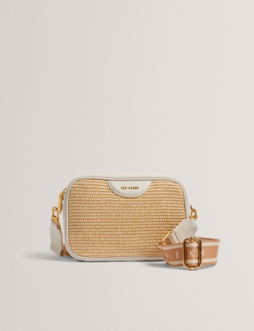 Women Ted Baker BARDAS - Faux Raffia Leather Trim Webbing Camera Camera Bag Ecru | KSA  9318-YPUTL