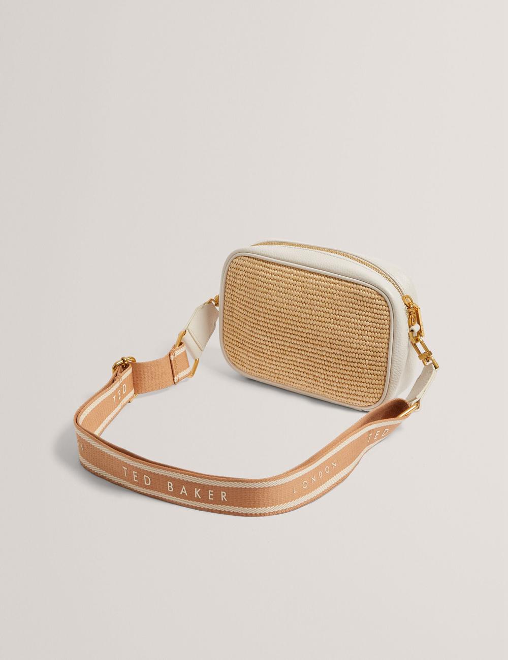 Women Ted Baker BARDAS - Faux Raffia Leather Trim Webbing Camera Camera Bag Ecru | KSA  9318-YPUTL