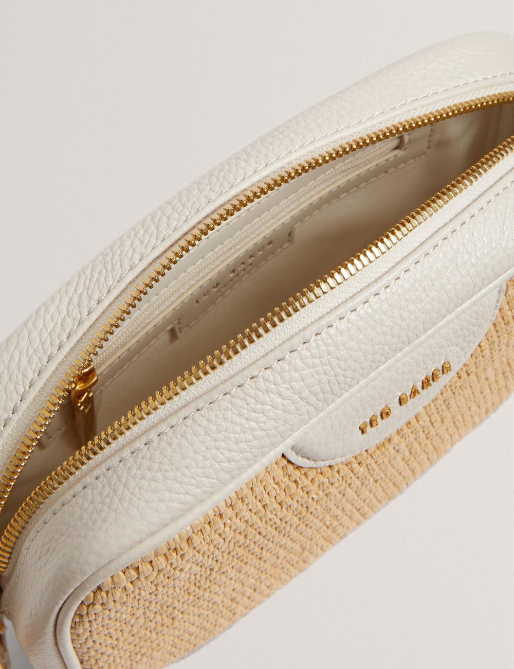 Women Ted Baker BARDAS - Faux Raffia Leather Trim Webbing Camera Camera Bag Ecru | KSA  9318-YPUTL