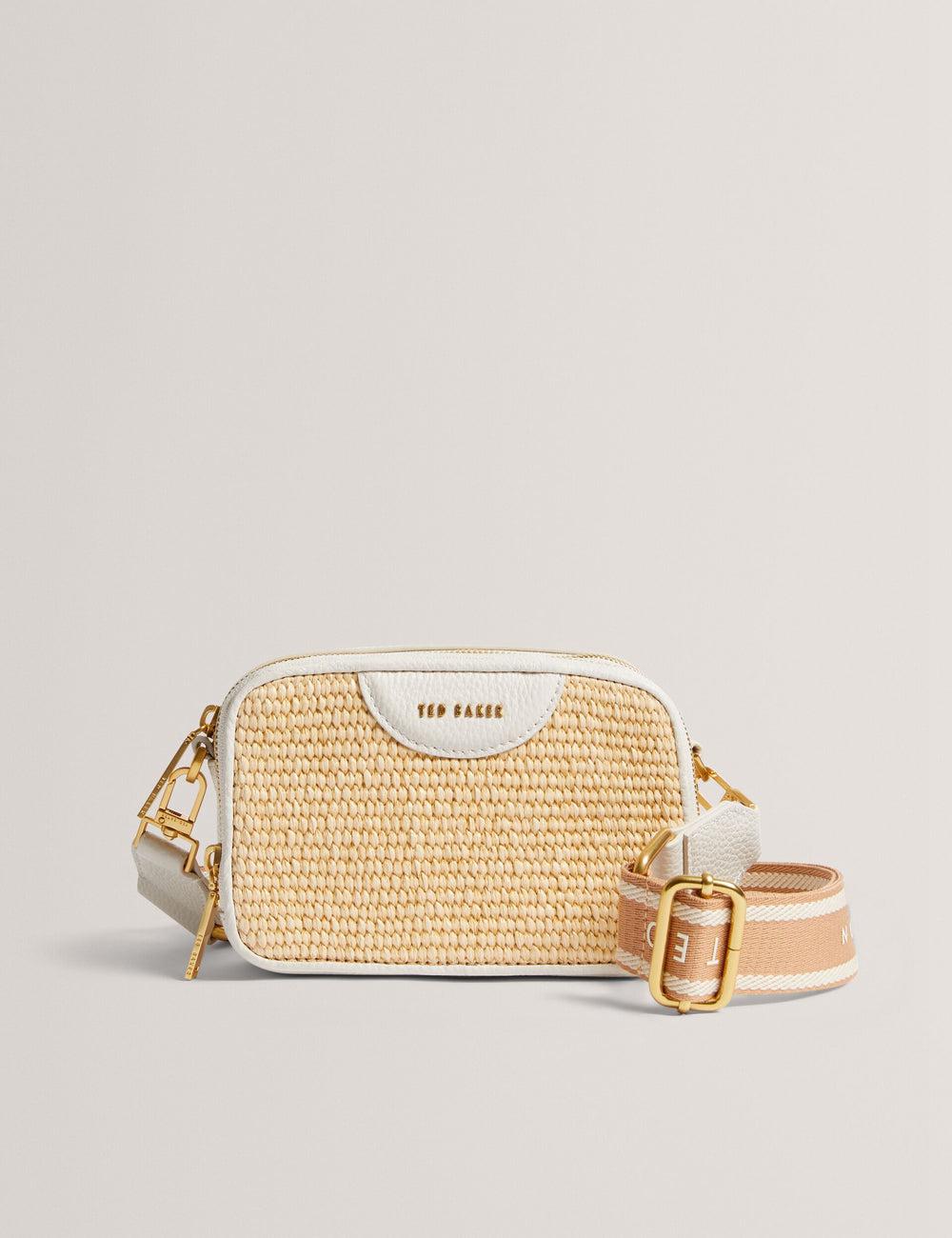 Women Ted Baker BARIA - Faux Raffia Leather Trim Mini Camera Camera Bag Ecru | KSA  6105-WUXRS
