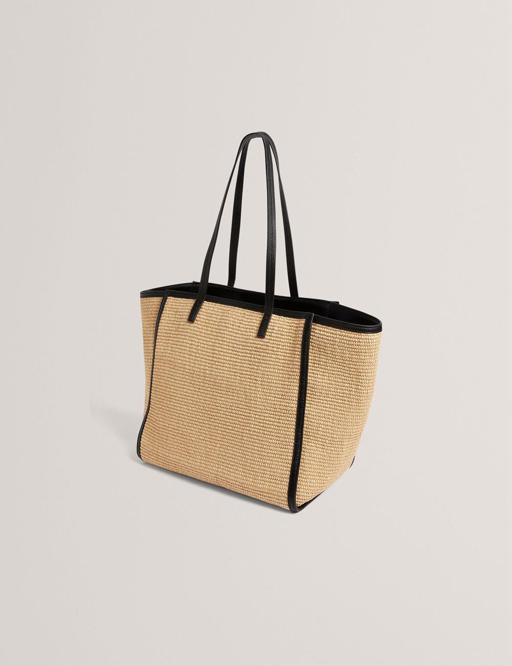 Women Ted Baker BARNI - Faux Raffia Leather Trim Large Shopper Shopper Bags Black | KSA  6287-YGWLO