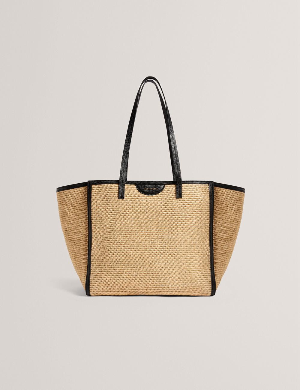 Women Ted Baker BARNI - Faux Raffia Leather Trim Large Shopper Shopper Bags Black | KSA  6287-YGWLO