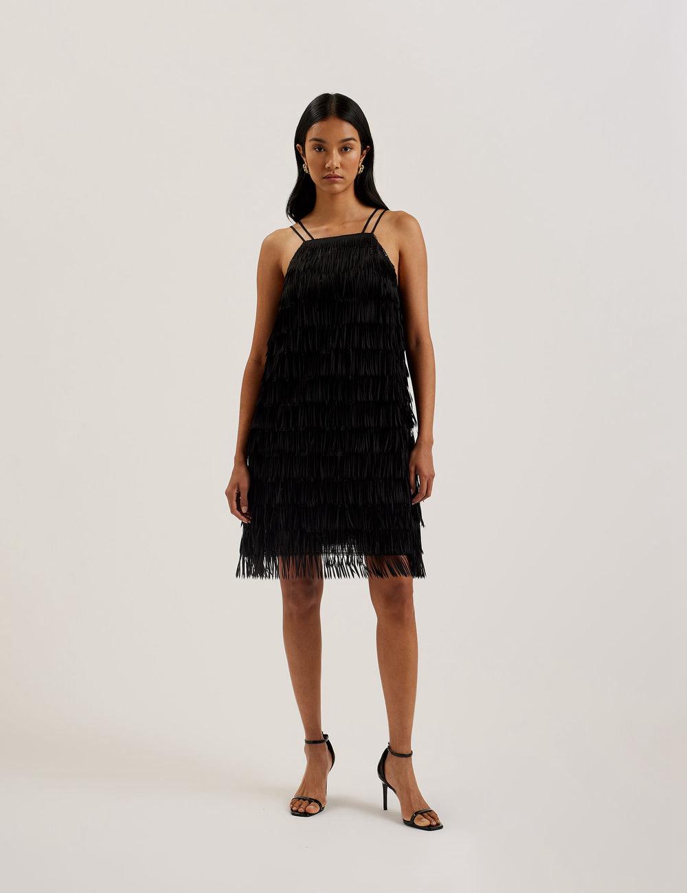 Women Ted Baker BARTIN - Fringed Sequin Halter Strap Mini Dresses Black | KSA  0183-LSCFP