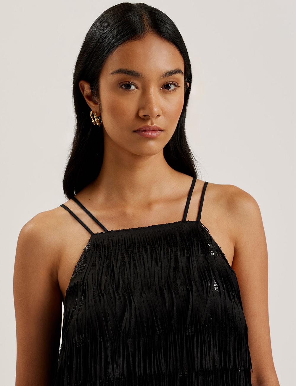 Women Ted Baker BARTIN - Fringed Sequin Halter Strap Mini Dresses Black | KSA  0183-LSCFP