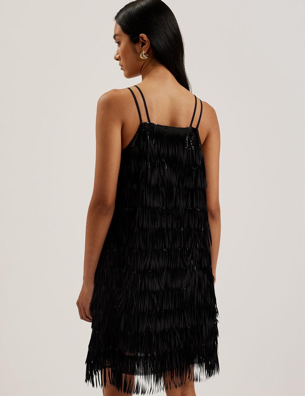 Women Ted Baker BARTIN - Fringed Sequin Halter Strap Mini Dresses Black | KSA  0183-LSCFP