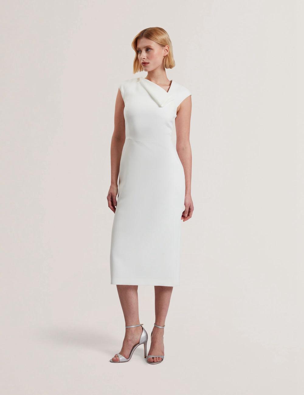 Women Ted Baker BAYREE - Folded Neckline Pencil Midi Dresses White | KSA  3672-KTZPY