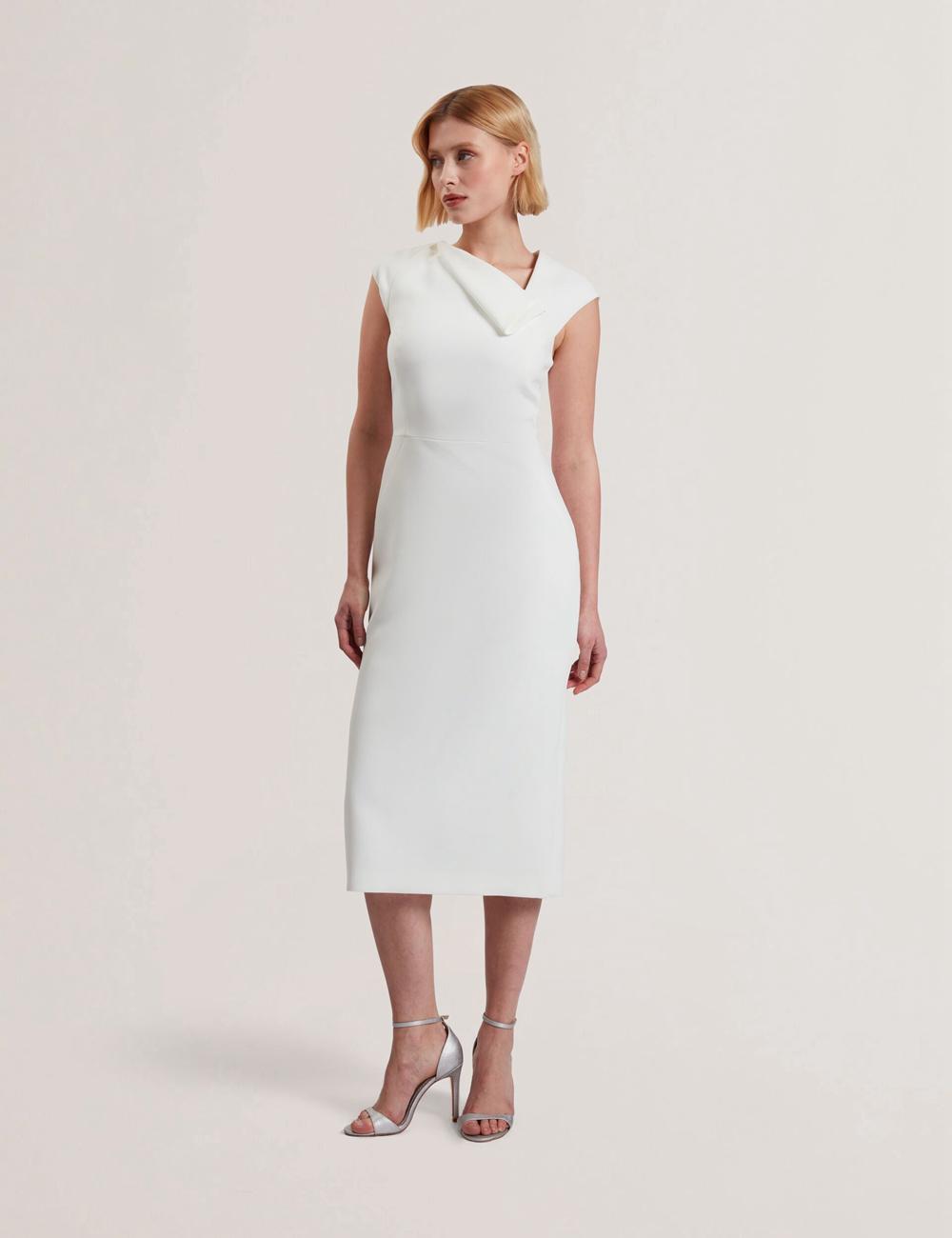 Women Ted Baker BAYREE - Folded Neckline Pencil Midi Dresses White | KSA  3672-KTZPY