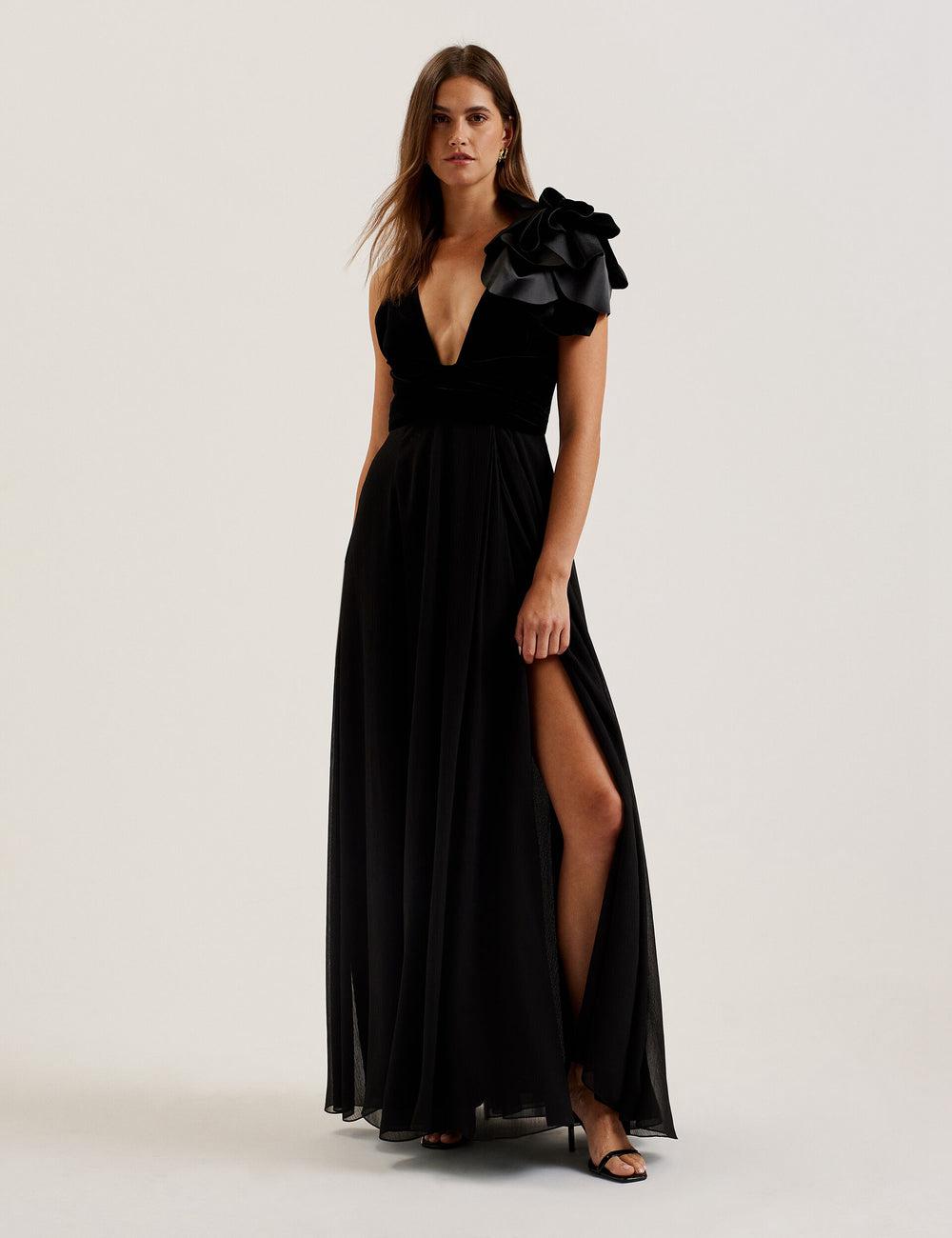 Women Ted Baker BEIRA - Corsage Plunge Neck Sleeveless Maxi Dresses Black | KSA  4596-PFNUC