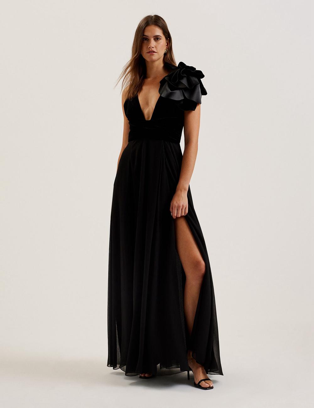 Women Ted Baker BEIRA - Corsage Plunge Neck Sleeveless Maxi Dresses Black | KSA  4596-PFNUC