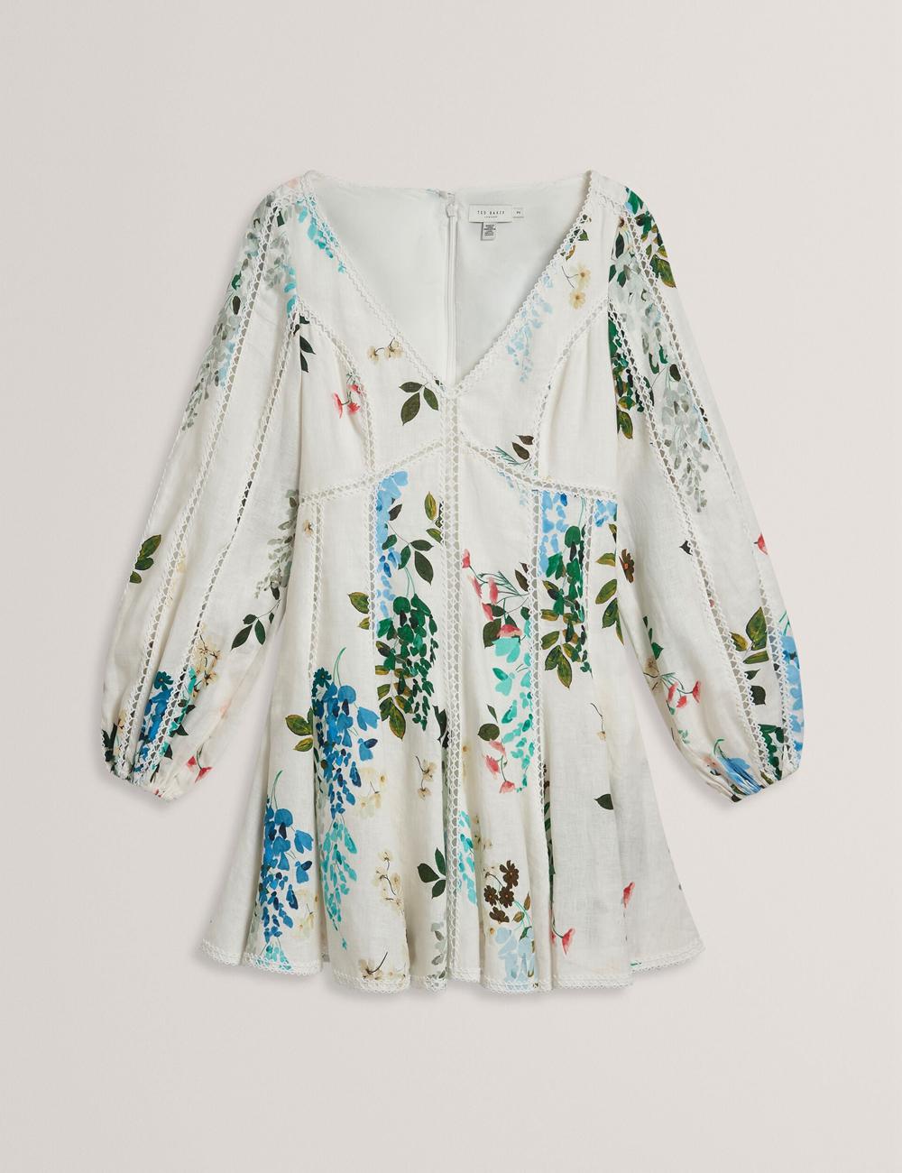 Women Ted Baker BELVIDA - Floral Crochet Trim Linen Mini Dresses White | KSA  1305-TIGJZ