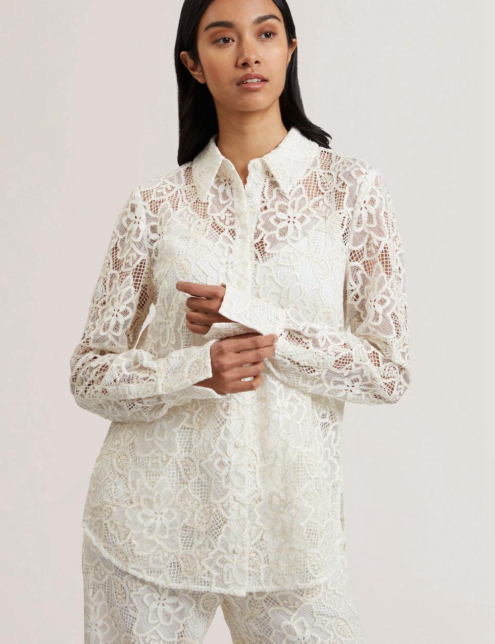 Women Ted Baker BLOND - Floral Lace Longline Cotton Shirt Tops Ivory | KSA  6470-ZITLU