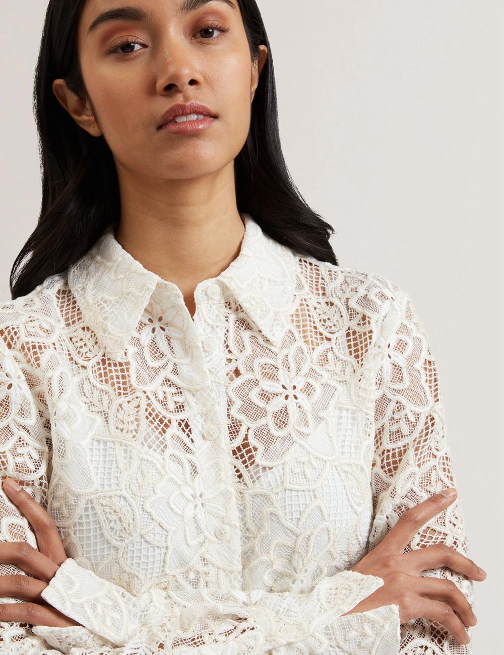 Women Ted Baker BLOND - Floral Lace Longline Cotton Shirt Tops Ivory | KSA  6470-ZITLU