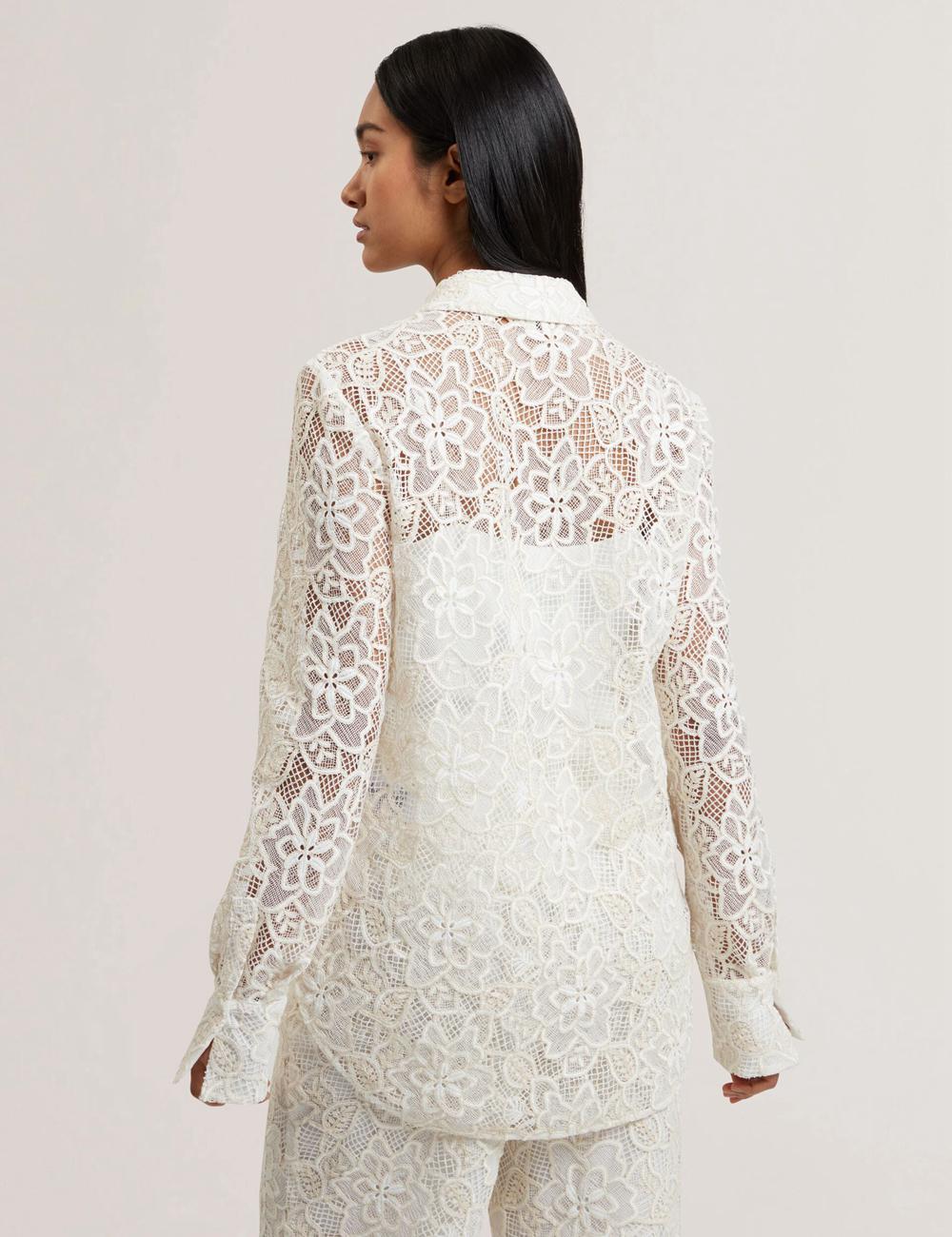 Women Ted Baker BLOND - Floral Lace Longline Cotton Shirt Tops Ivory | KSA  6470-ZITLU