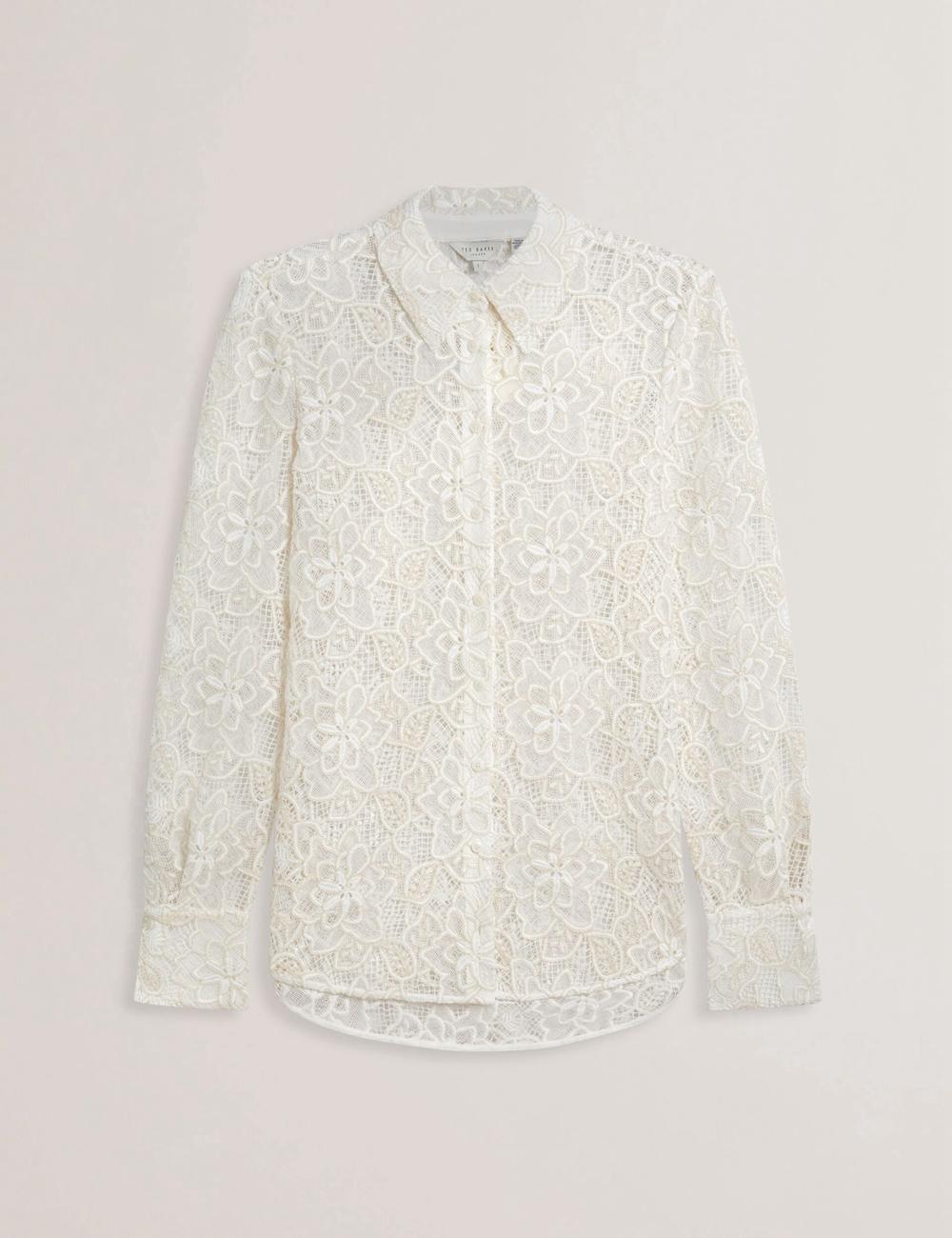 Women Ted Baker BLOND - Floral Lace Longline Cotton Shirt Tops Ivory | KSA  6470-ZITLU