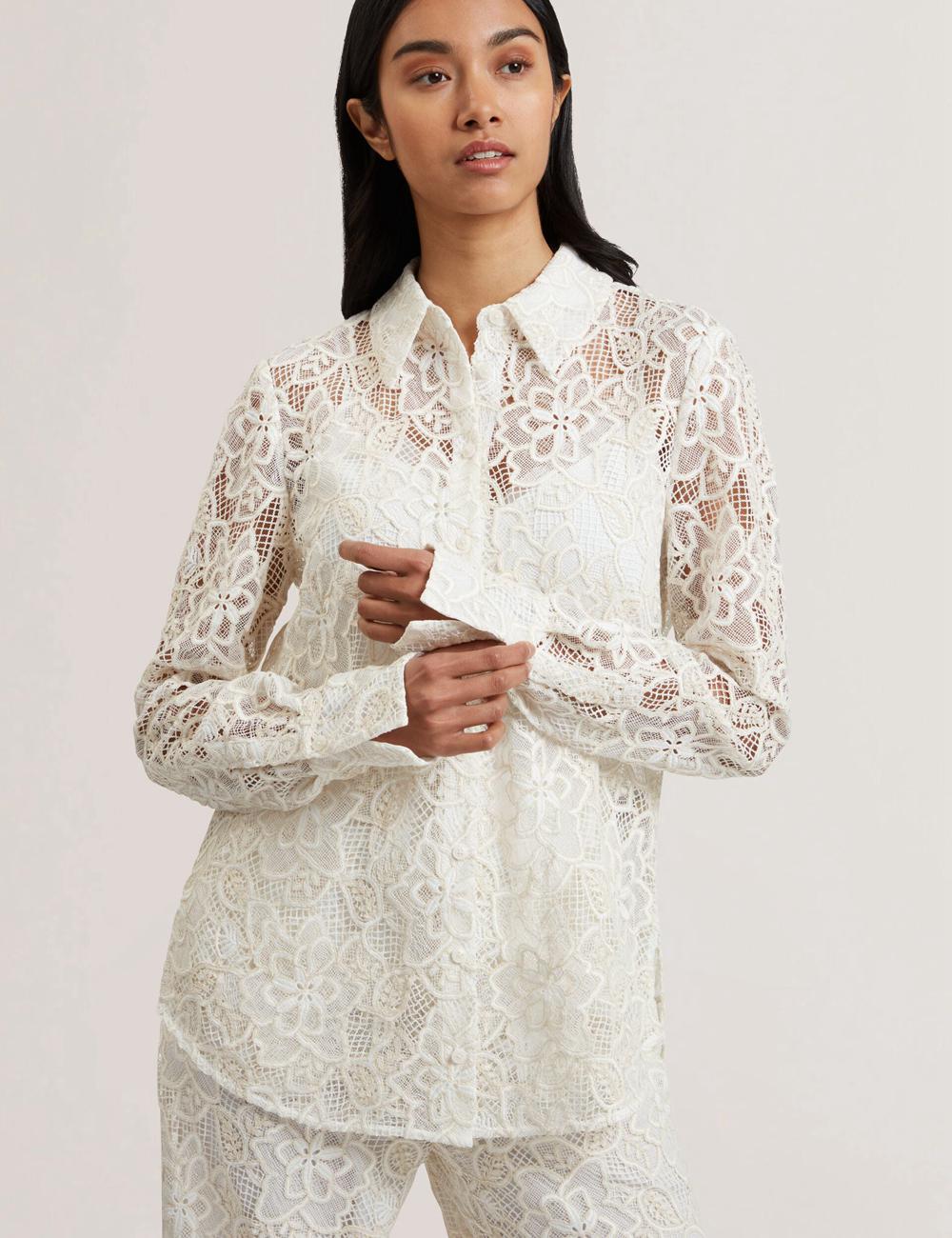 Women Ted Baker BLOND - Floral Lace Longline Cotton Shirt Tops Ivory | KSA  6470-ZITLU