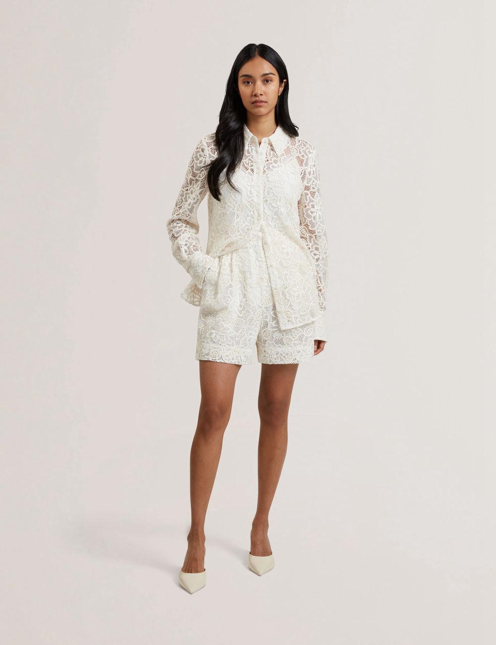 Women Ted Baker BOWIA - Lace High Waisted Tailored Shorts Ivory | KSA  6321-ZIWYN