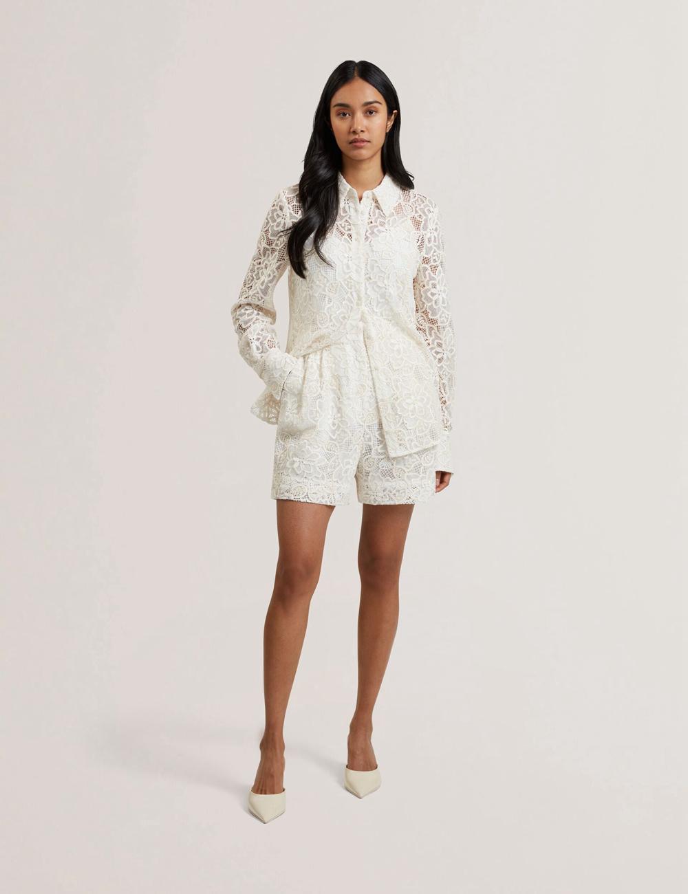 Women Ted Baker BOWIA - Lace High Waisted Tailored Shorts Ivory | KSA  6321-ZIWYN