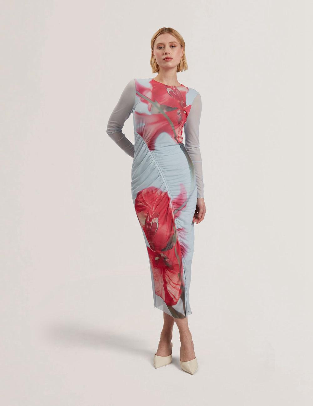Women Ted Baker BOXNINE - Printed Mesh Gathering Bodycon Midi Dresses Blue | KSA  0173-LMAPG