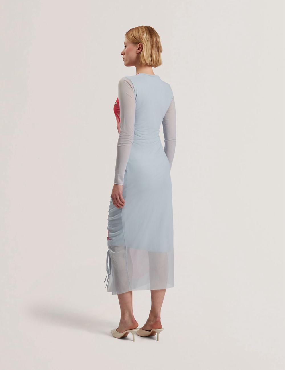 Women Ted Baker BOXNINE - Printed Mesh Gathering Bodycon Midi Dresses Blue | KSA  0173-LMAPG