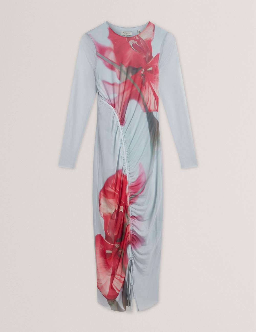 Women Ted Baker BOXNINE - Printed Mesh Gathering Bodycon Midi Dresses Blue | KSA  0173-LMAPG