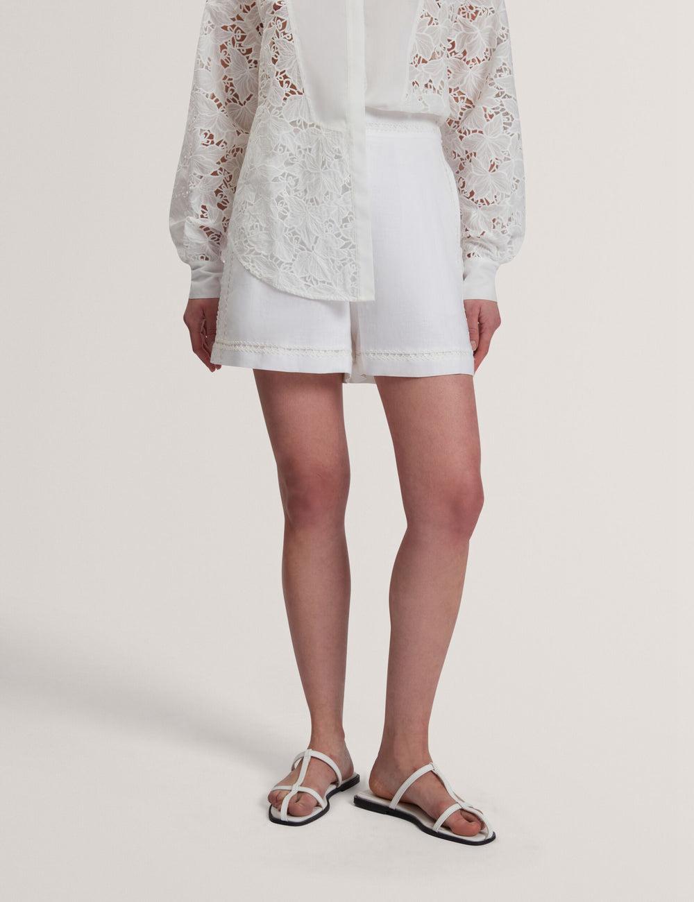 Women Ted Baker BUCCIA - Crochet Trim High Waisted Linen Shorts White | KSA  6879-PHFJZ