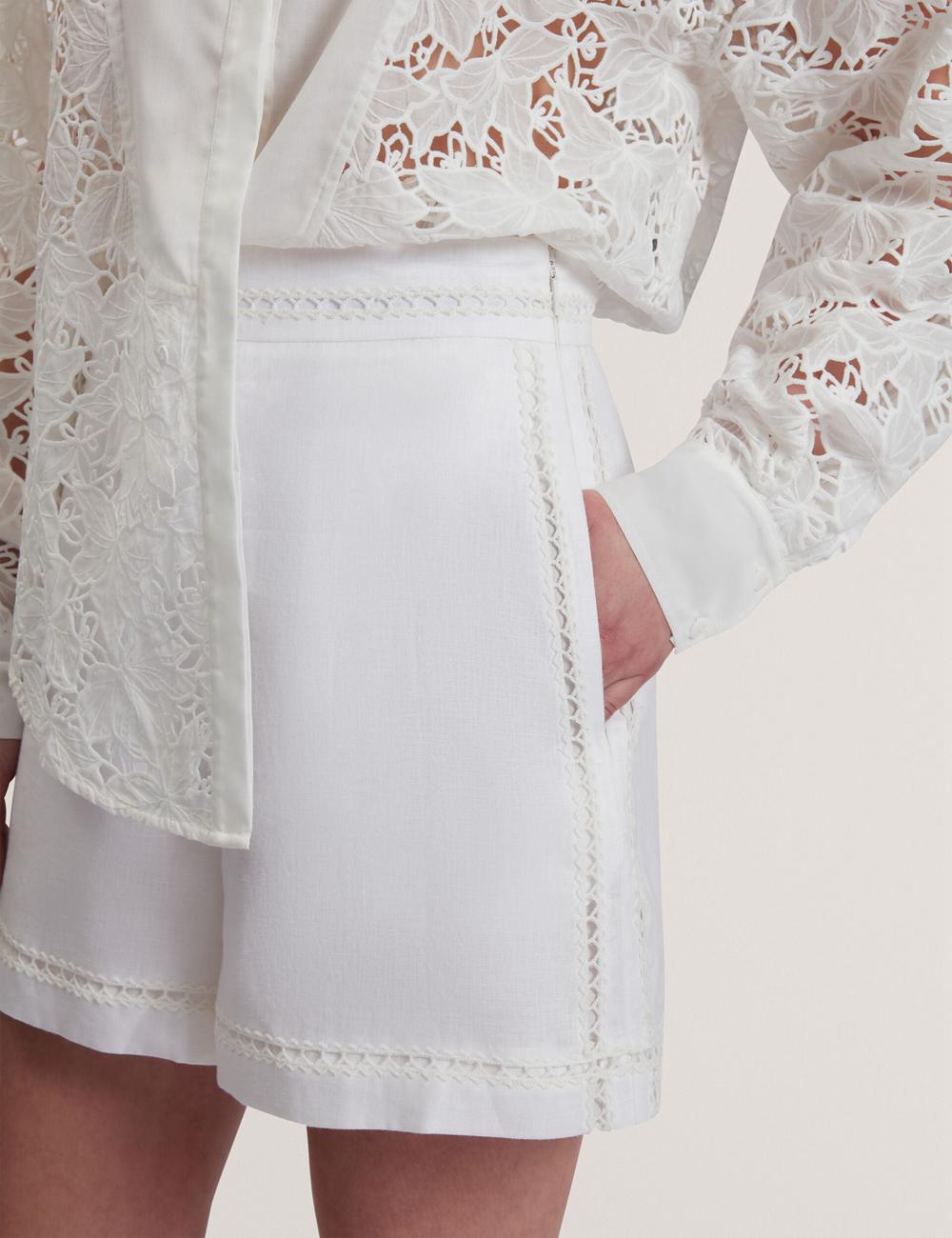 Women Ted Baker BUCCIA - Crochet Trim High Waisted Linen Shorts White | KSA  6879-PHFJZ