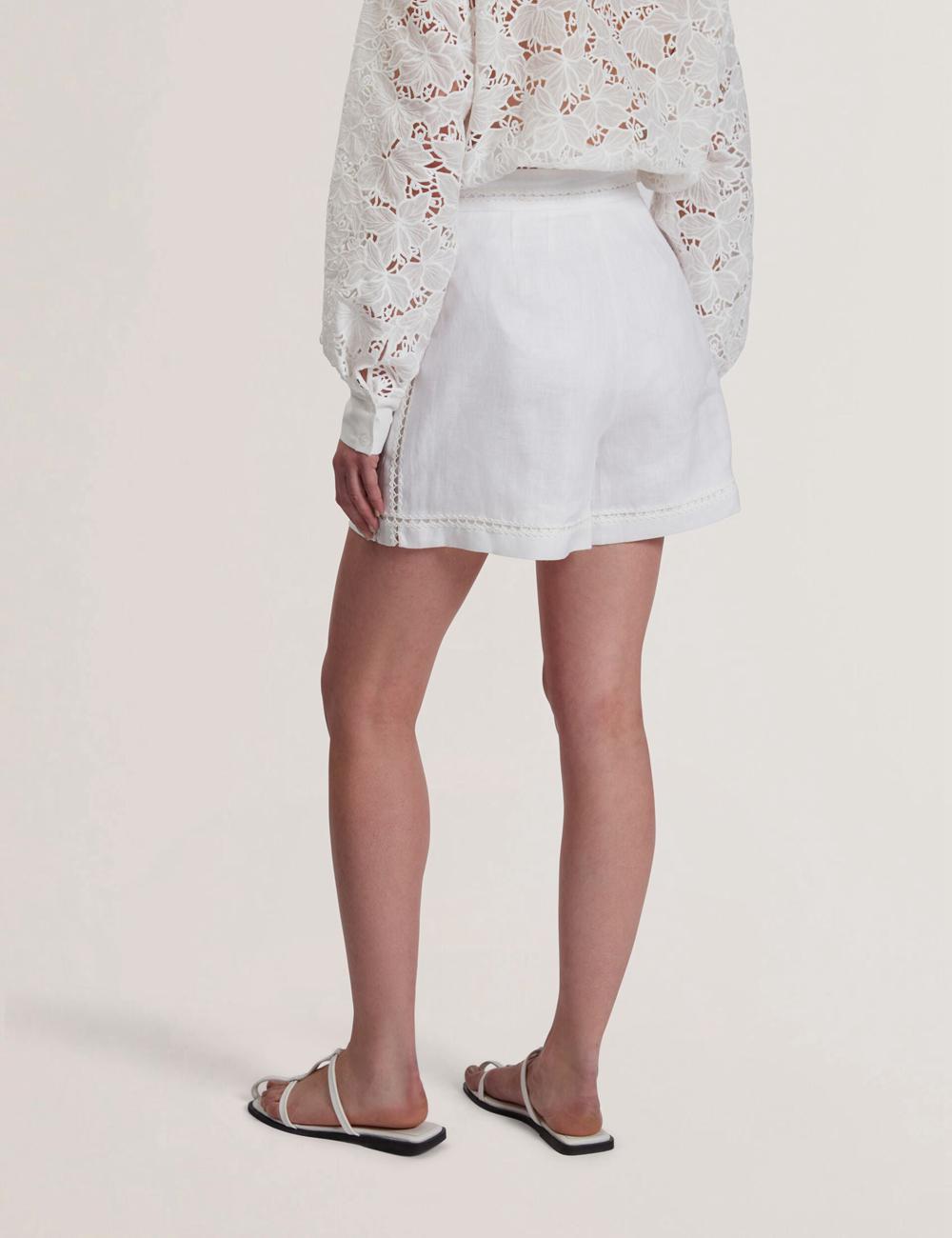 Women Ted Baker BUCCIA - Crochet Trim High Waisted Linen Shorts White | KSA  6879-PHFJZ