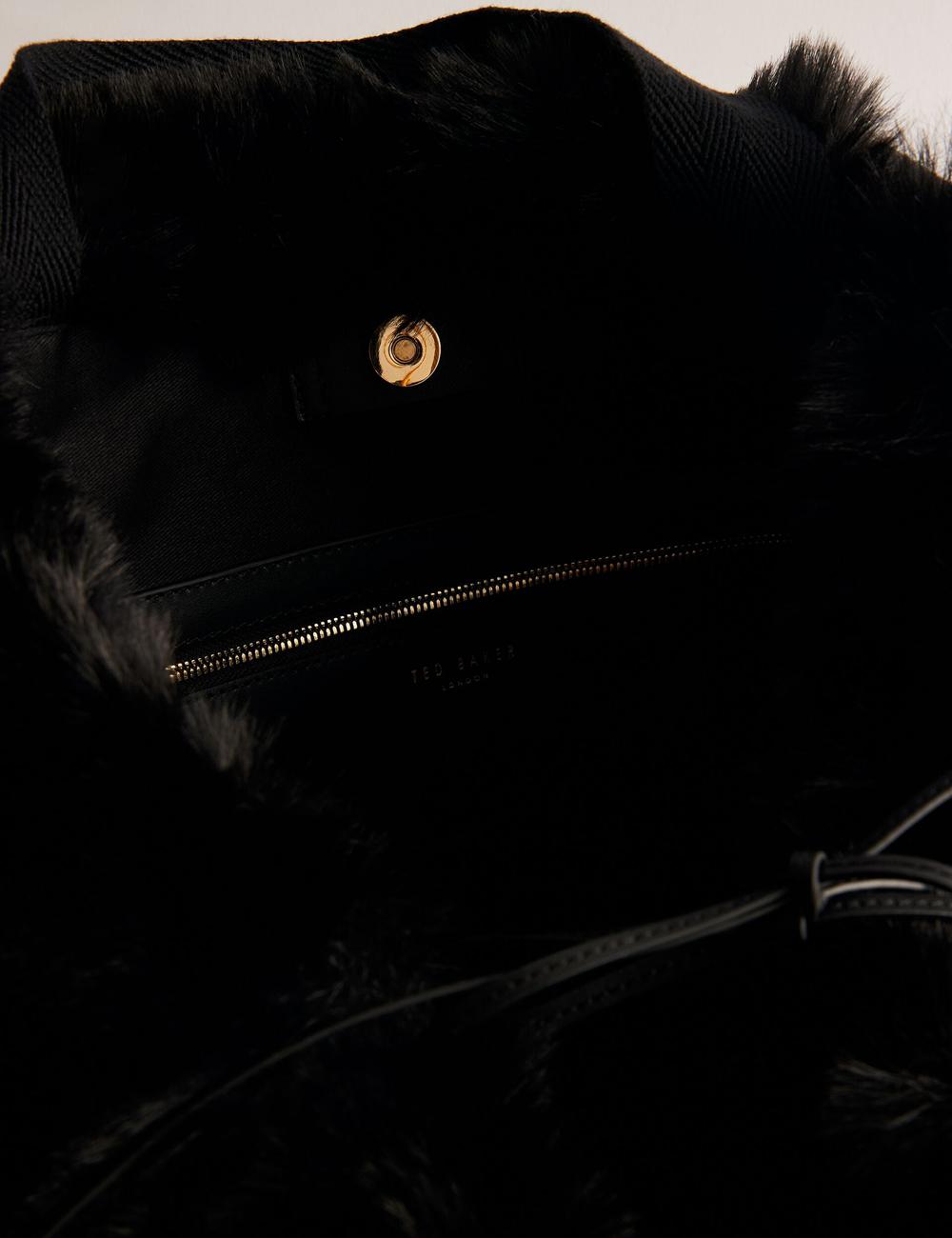 Women Ted Baker CADENCE - Faux Fur Webbing Strap Shopper Shopper Bags Black | KSA  1970-UOMRW