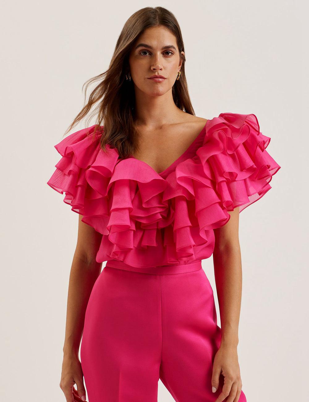 Women Ted Baker CALONDA - Oversized Frill Trim V-Neck Top Blouses Fuchsia | KSA  9865-QNSHR
