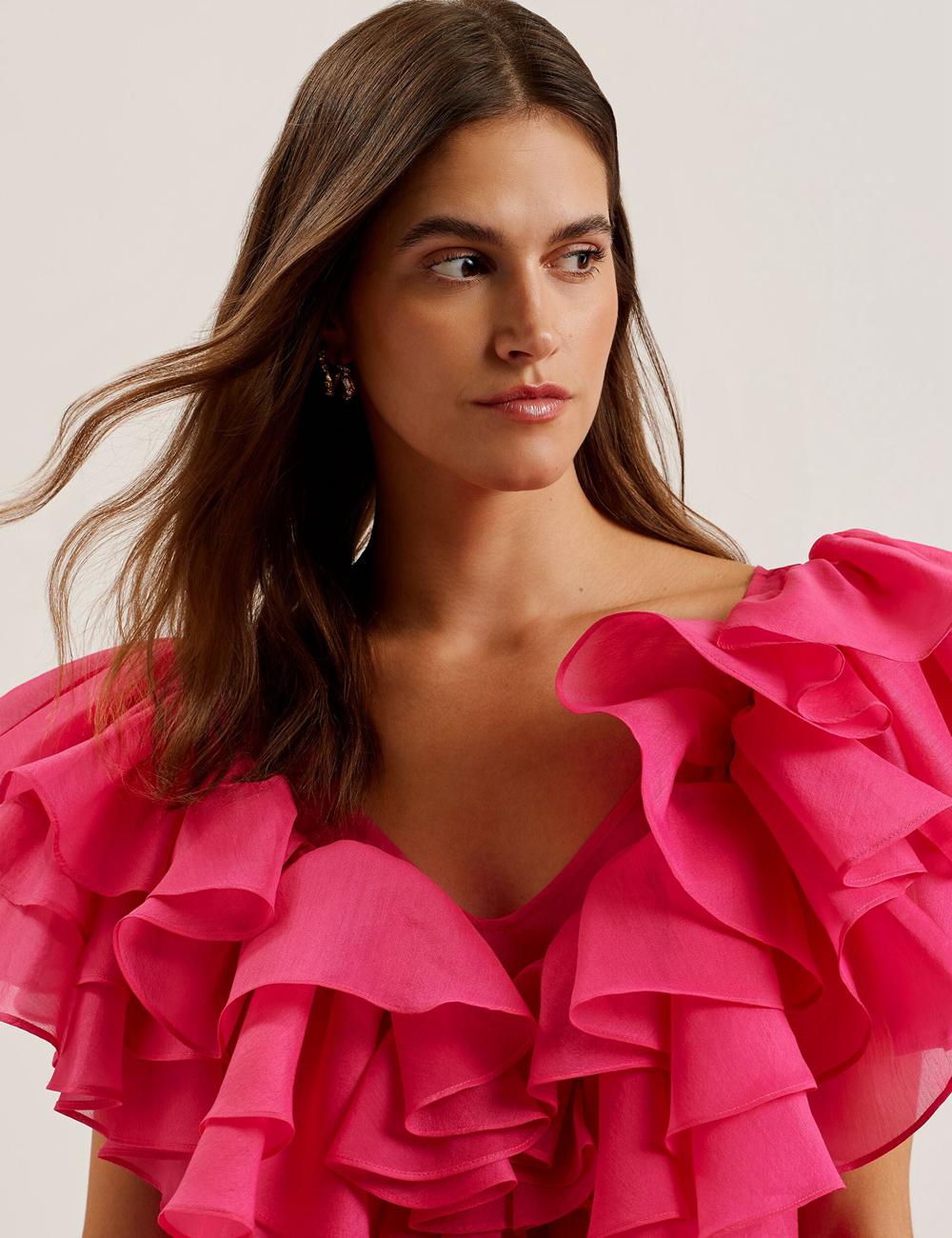 Women Ted Baker CALONDA - Oversized Frill Trim V-Neck Top Blouses Fuchsia | KSA  9865-QNSHR