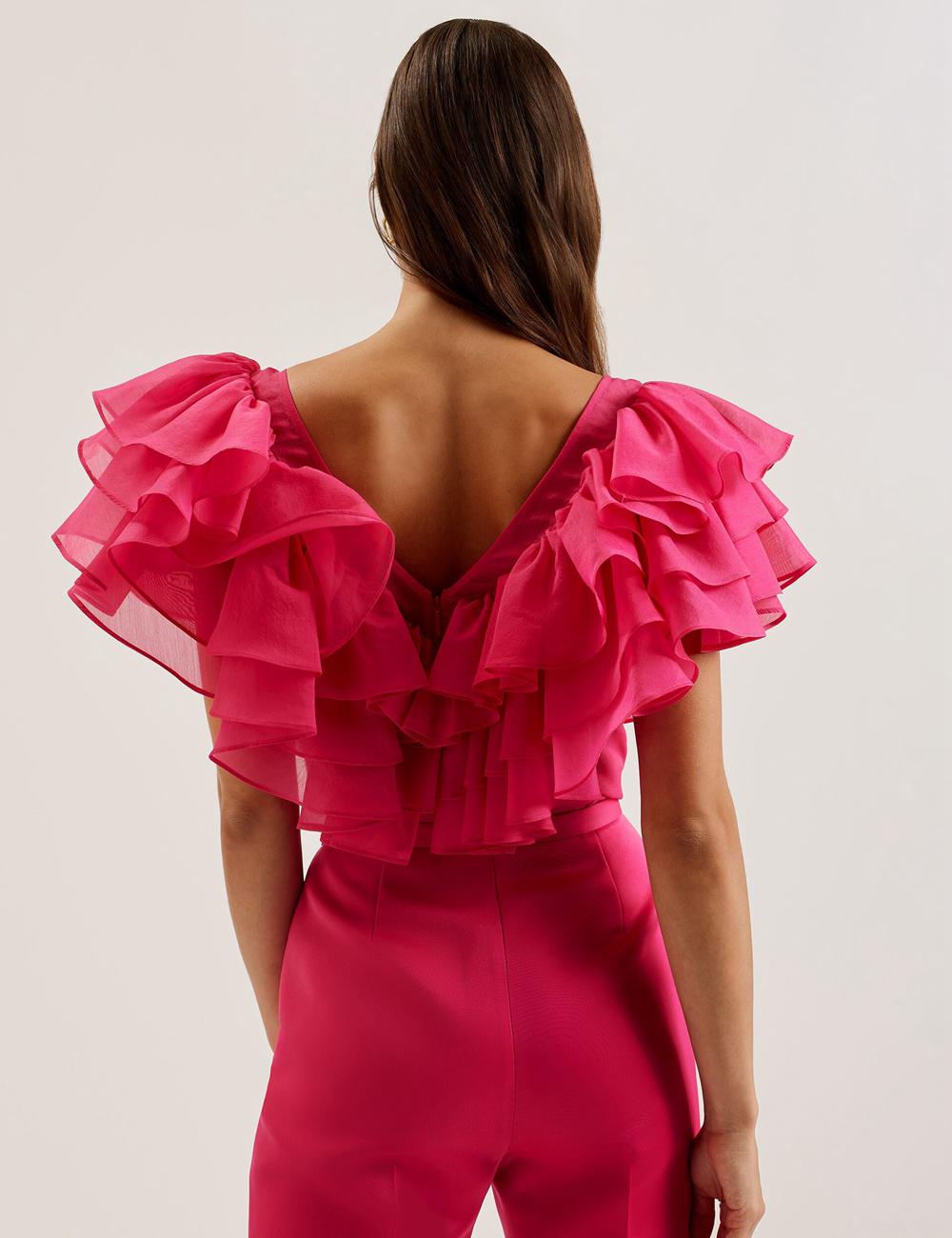Women Ted Baker CALONDA - Oversized Frill Trim V-Neck Top Blouses Fuchsia | KSA  9865-QNSHR