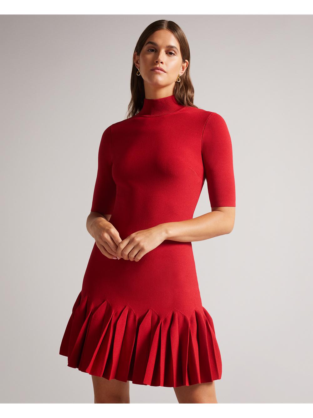 Women Ted Baker CANDDY - Pleated Hem Bodycon Knit Mini Dresses Red | KSA  5126-MIVAB