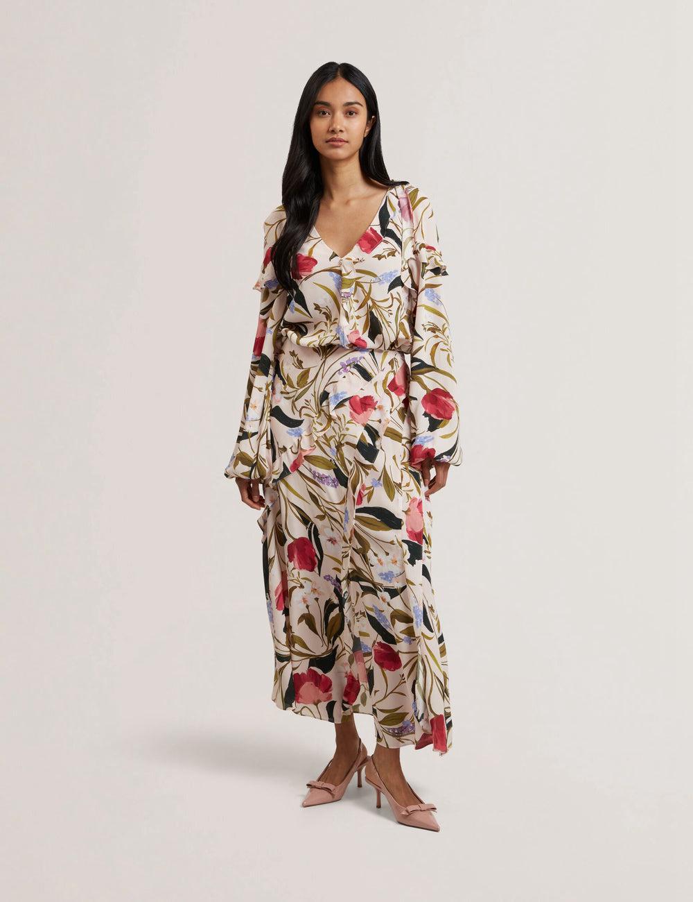 Women Ted Baker CANDICI - Floral Print Frill Trim With Split Midi Skirts Pink | KSA  3709-UGJHC