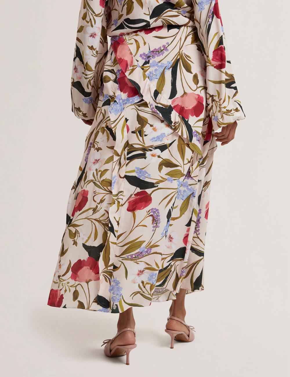 Women Ted Baker CANDICI - Floral Print Frill Trim With Split Midi Skirts Pink | KSA  3709-UGJHC