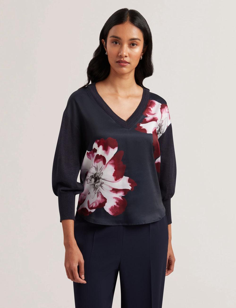 Women Ted Baker CASEYJ - Printed Woven Front V-Neck Jumpers Navy | KSA  8794-DOQYA