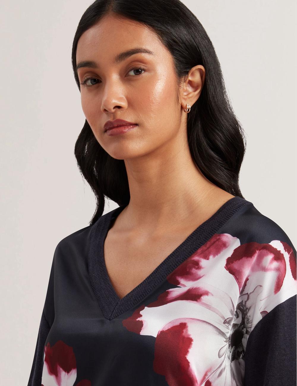 Women Ted Baker CASEYJ - Printed Woven Front V-Neck Jumpers Navy | KSA  8794-DOQYA