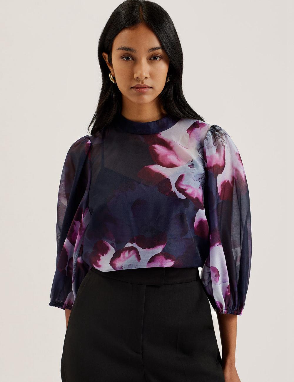 Women Ted Baker CATALO - Floral Print Balloon Sleeve Organza Top Blouses Navy | KSA  9380-JUYEC