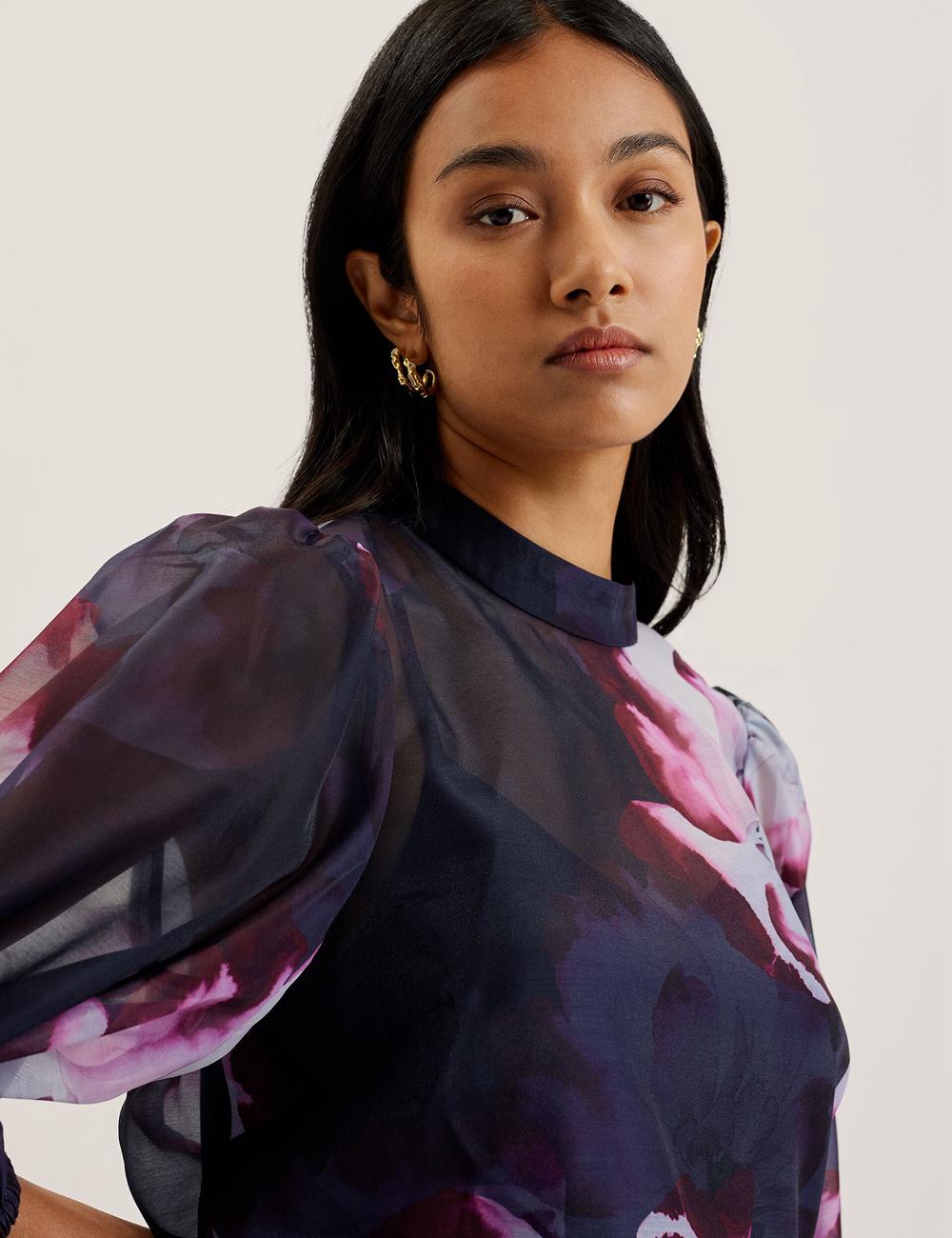 Women Ted Baker CATALO - Floral Print Balloon Sleeve Organza Top Blouses Navy | KSA  9380-JUYEC