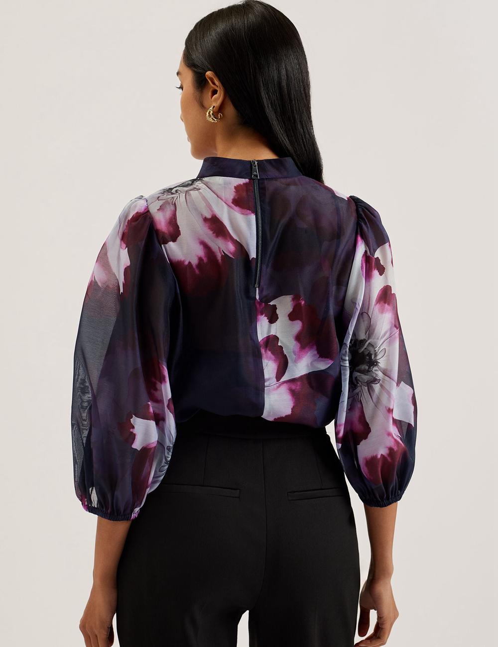 Women Ted Baker CATALO - Floral Print Balloon Sleeve Organza Top Blouses Navy | KSA  9380-JUYEC