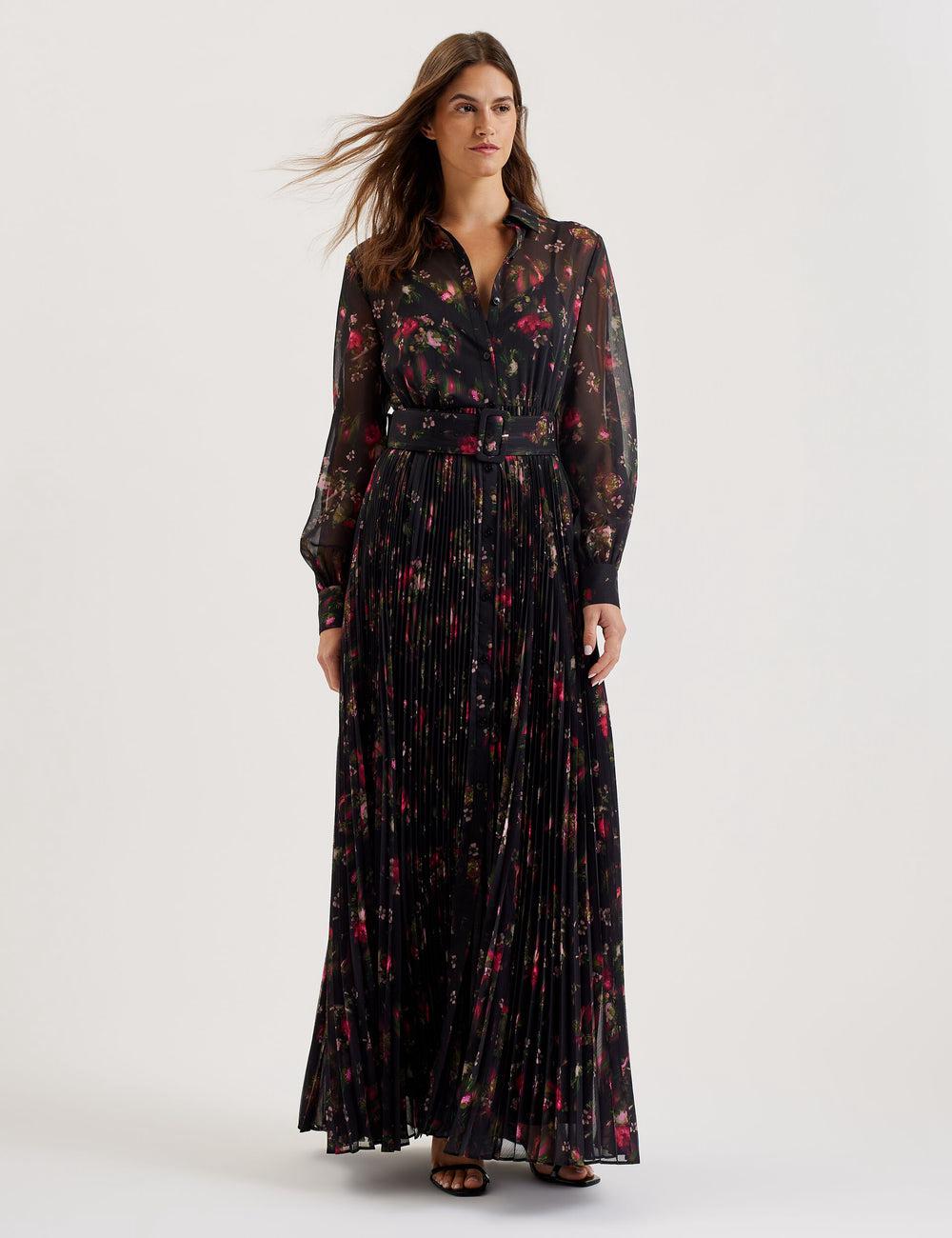Women Ted Baker CEIBA - Floral Print Pleated Maxi Shirt Maxi Dresses Black | KSA  8495-QVTAM