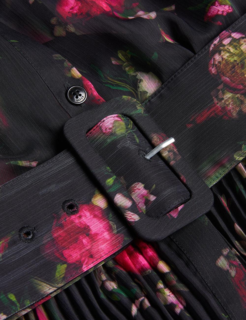 Women Ted Baker CEIBA - Floral Print Pleated Maxi Shirt Maxi Dresses Black | KSA  8495-QVTAM