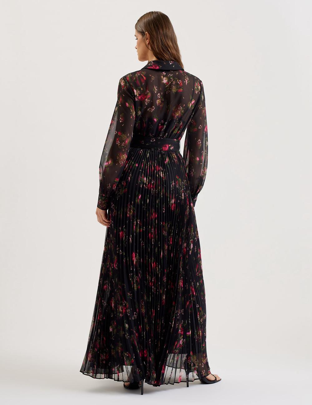 Women Ted Baker CEIBA - Floral Print Pleated Maxi Shirt Maxi Dresses Black | KSA  8495-QVTAM