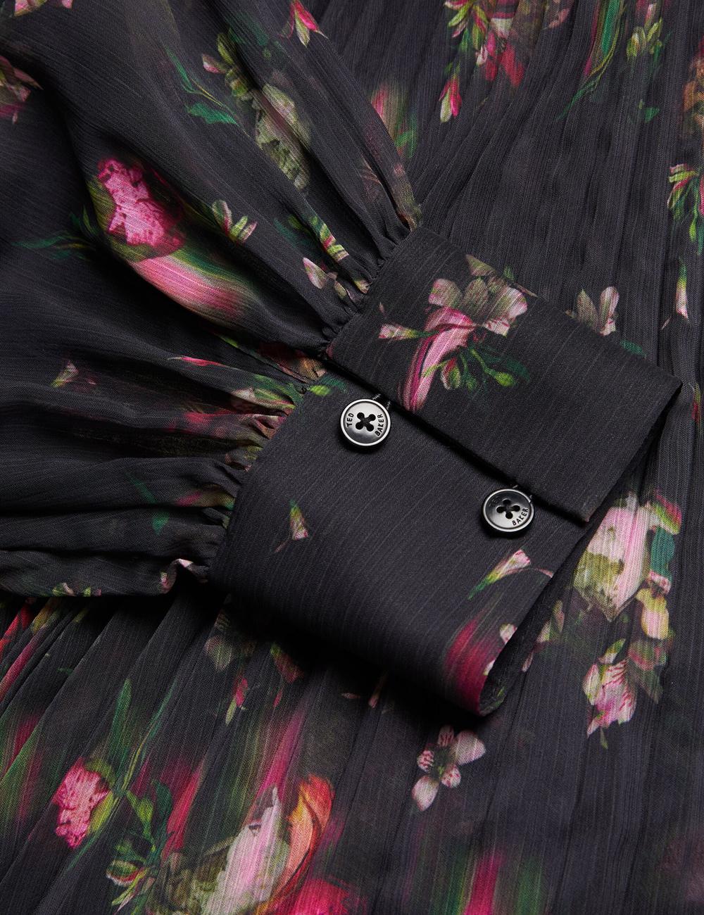 Women Ted Baker CEIBA - Floral Print Pleated Maxi Shirt Maxi Dresses Black | KSA  8495-QVTAM