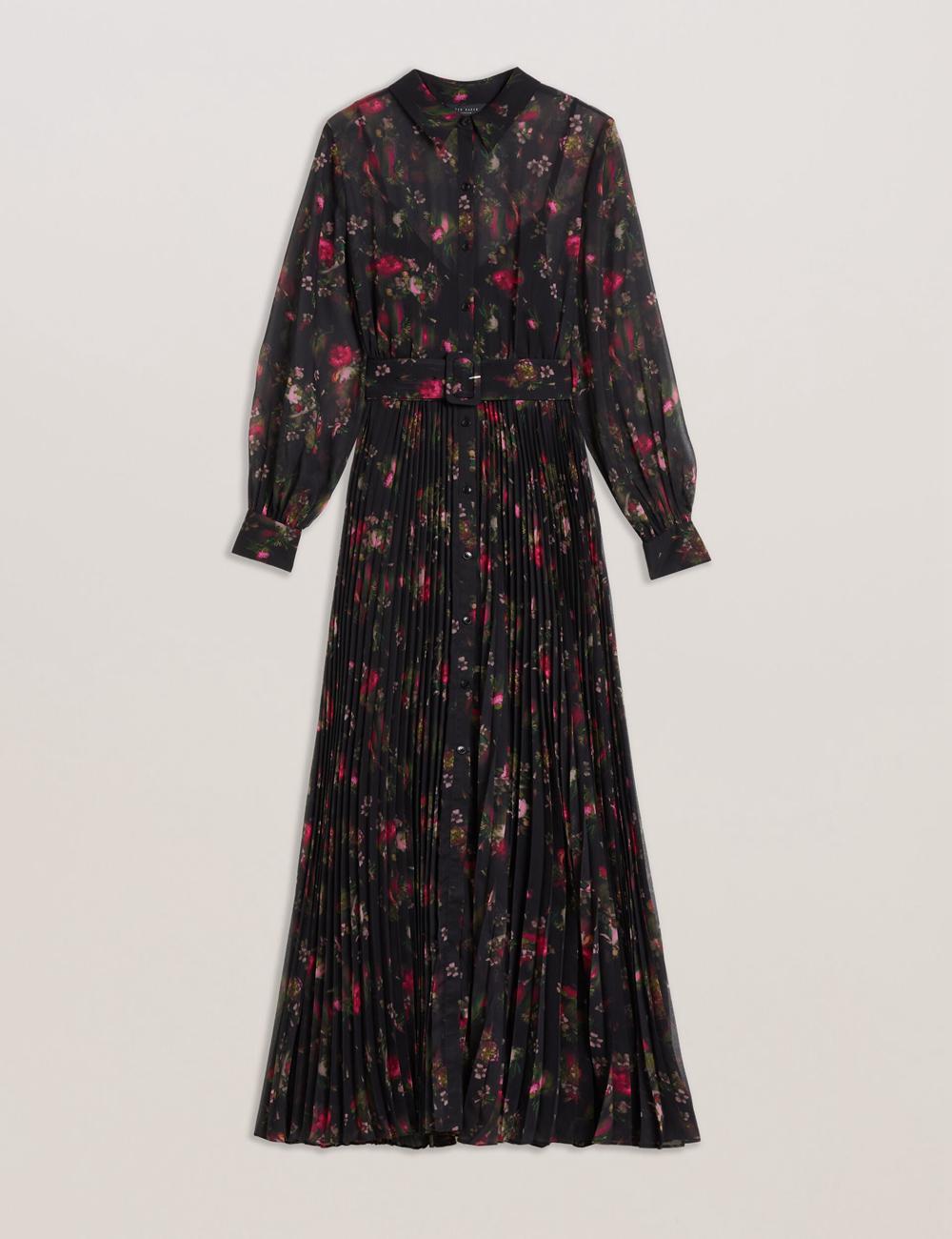 Women Ted Baker CEIBA - Floral Print Pleated Maxi Shirt Maxi Dresses Black | KSA  8495-QVTAM