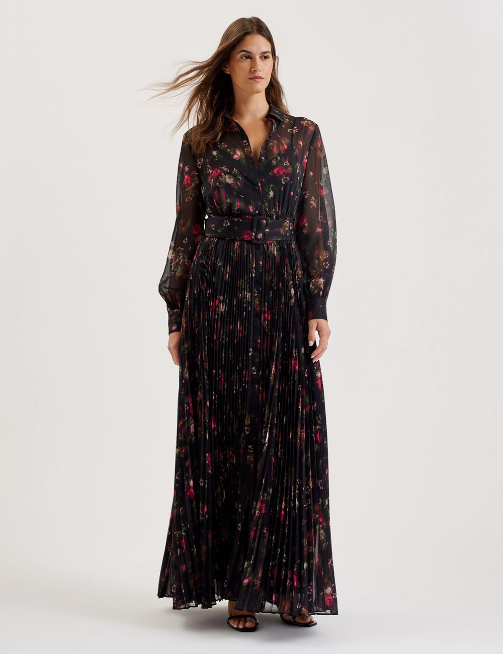 Women Ted Baker CEIBA - Floral Print Pleated Maxi Shirt Maxi Dresses Black | KSA  8495-QVTAM