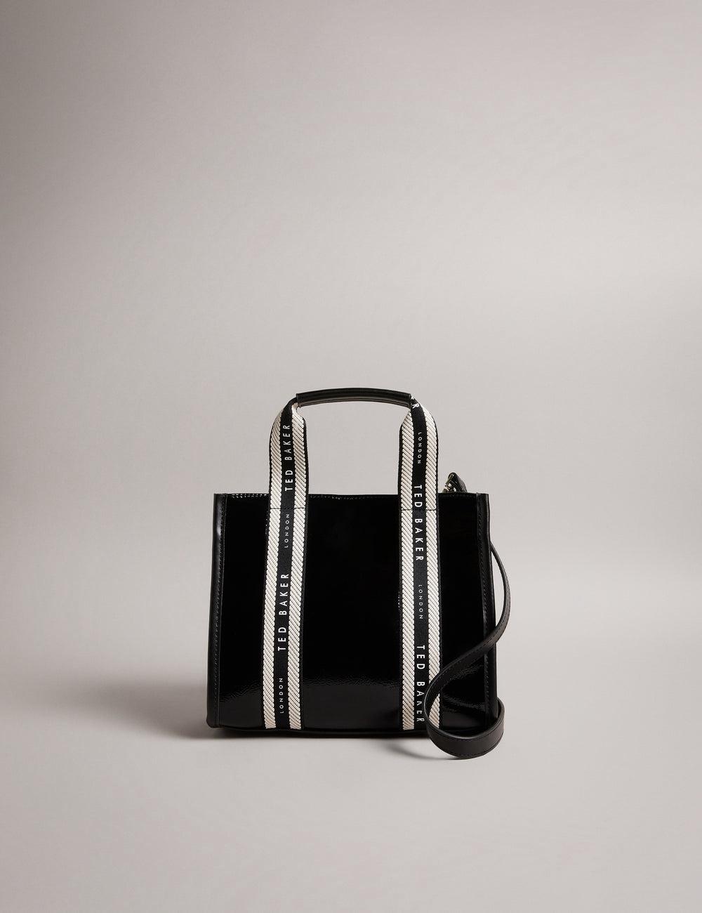 Women Ted Baker CELIANE - Branded Webbing Patent Small Tote Bags Black | KSA  1365-UXLVD
