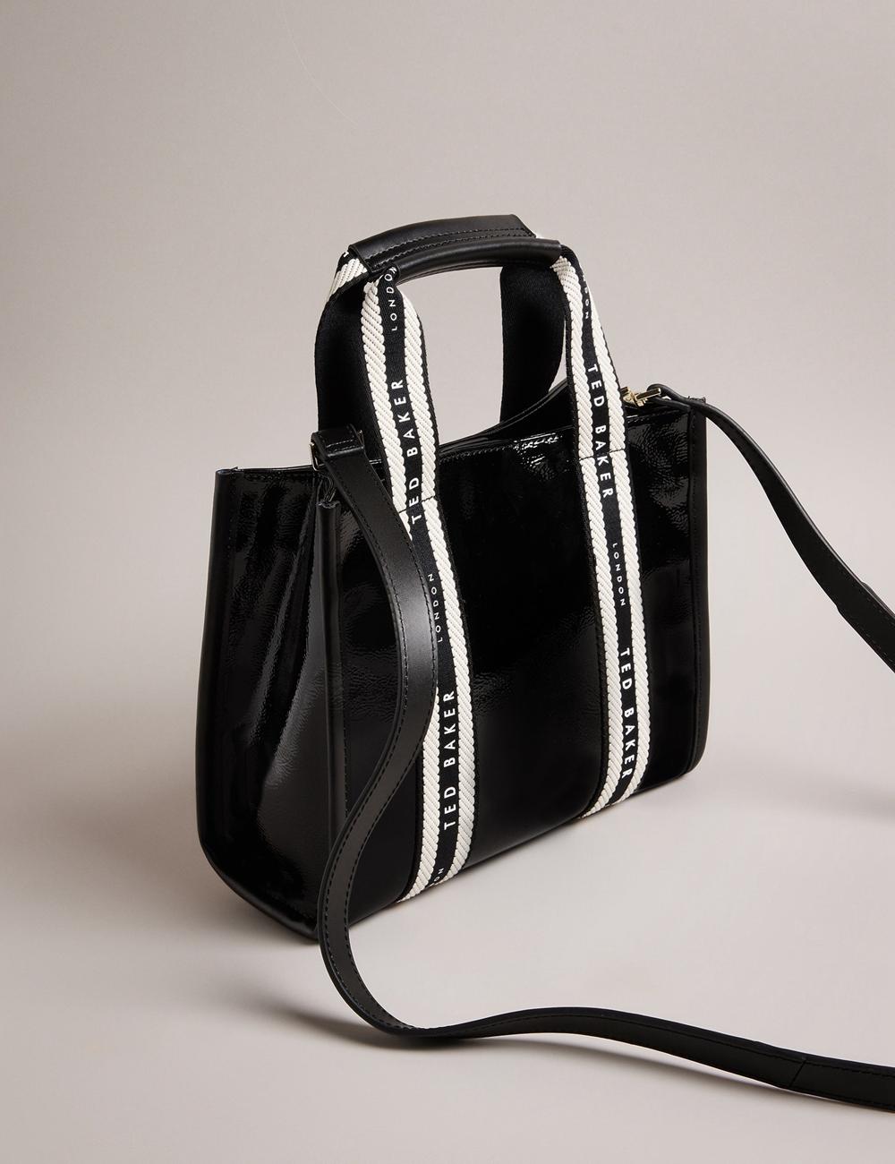 Women Ted Baker CELIANE - Branded Webbing Patent Small Tote Bags Black | KSA  1365-UXLVD