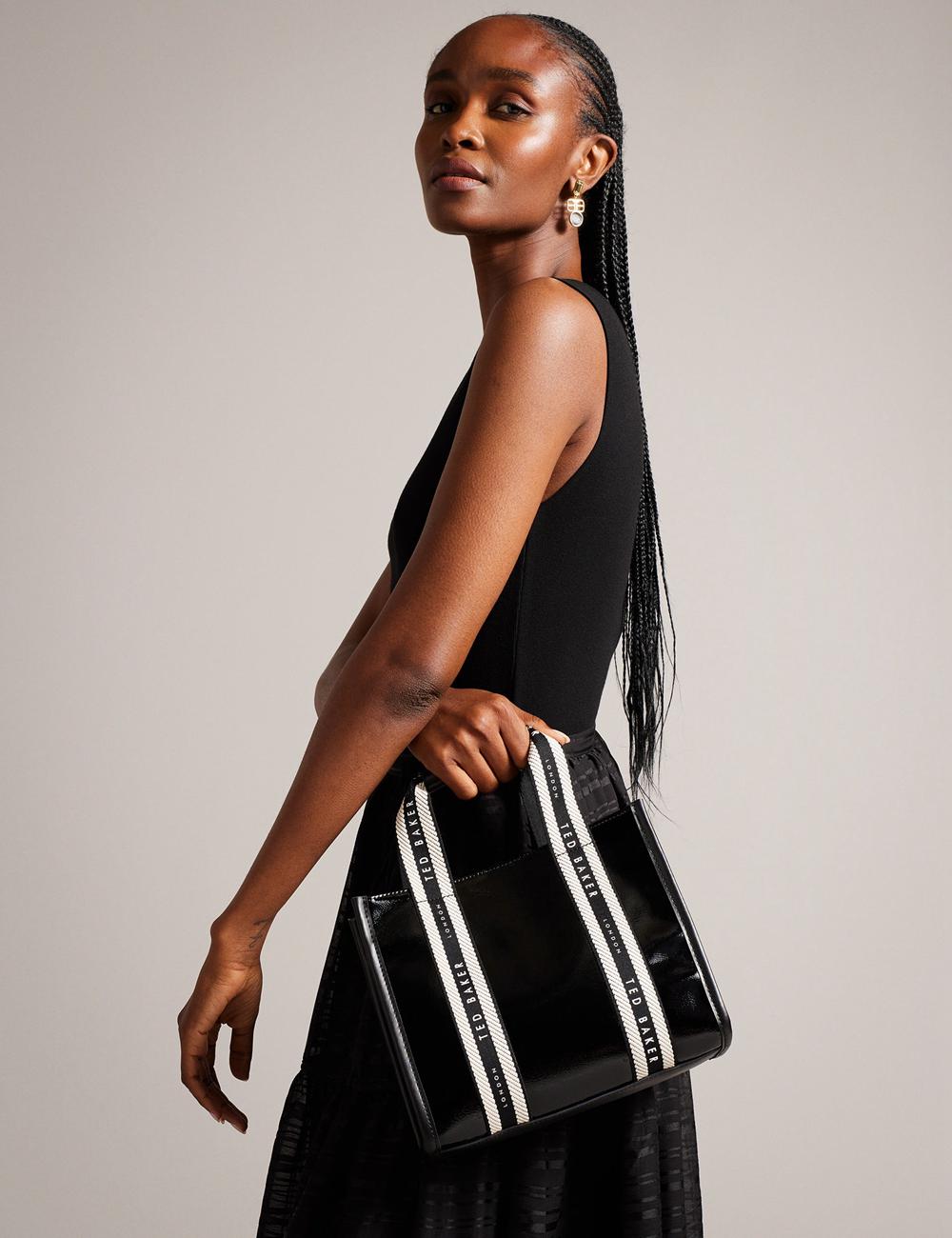 Women Ted Baker CELIANE - Branded Webbing Patent Small Tote Bags Black | KSA  1365-UXLVD